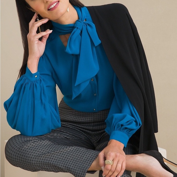 Chico’s Long-Sleeve Crepe Tie-Neck Blouse NEW! - Picture 4 of 12